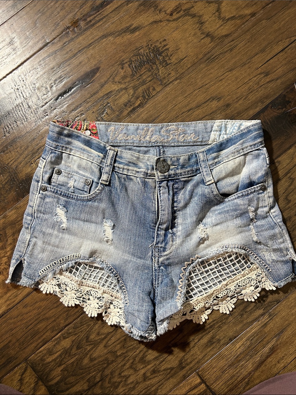 Vanilla Star Light Blue Denim Crochet Lace Trim Shorts
